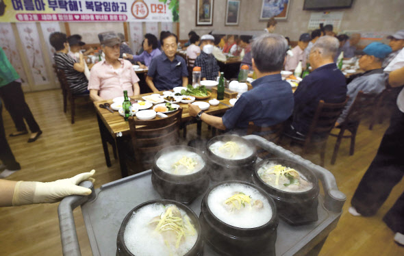 지난 14일 오후 광주 북구의 한 식당에서 중흥2동 지역사회보장협의체 회원들과 새마을부녀회원들이 지역 어르신들에게 삼계탕을 대접하고 있다. [연합]