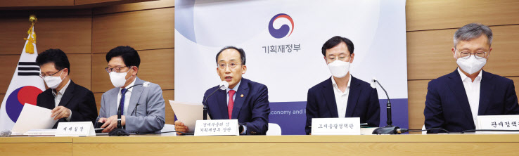 추경호 부총리 겸 기획재정부 장관이 지난 18일 정부세종청사에서 ‘2022년 세제개편안’ 상세브리핑을 하고 있다. 이용주(왼쪽부터) 소득법인세정책관, 고광효 세제실장, 추 부총리, 정정훈 조세총괄정책관, 김재신 관세정책관. [연합]