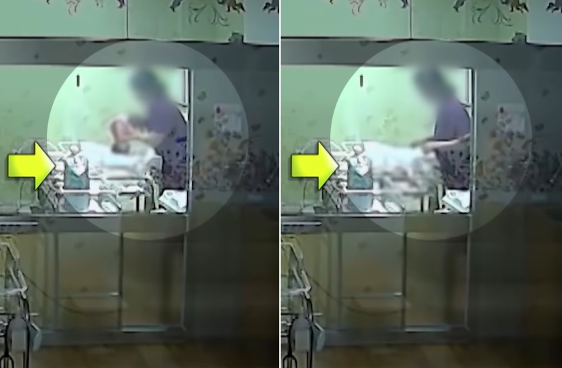 부산 한 산부인과에서 간호사가 생후 5일 된 신생아를 한 손으로 거칠게 다루고 있다. 이 아기는 두개골 골절과 뇌출혈 진단을 받고 현재까지 의식불명 상태다. [MBC 실화탐사대]