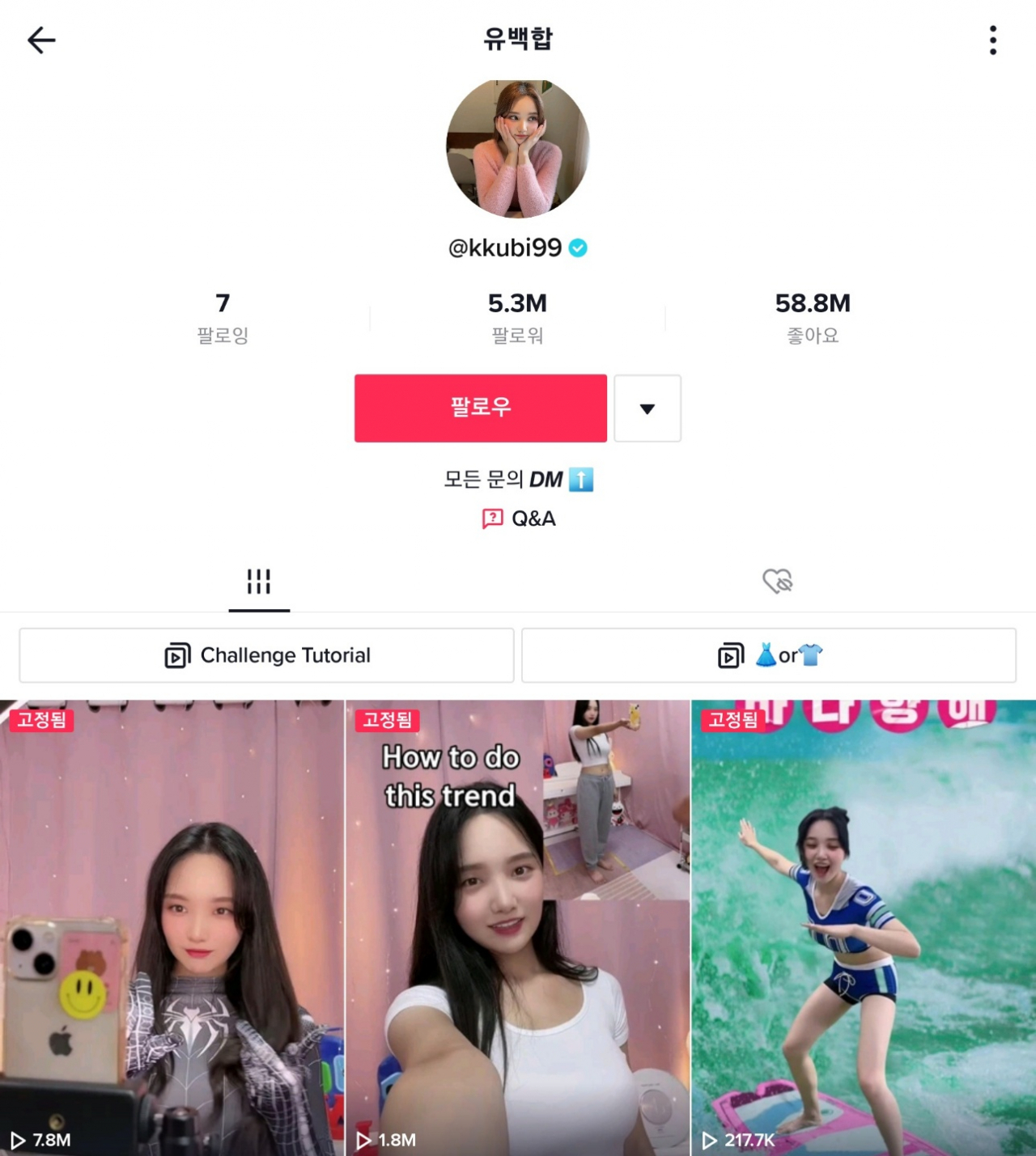틱톡의 우수 챌린지 크리에이터로 선정된 인플루언서 유백합. 유백합은 다양한 챌린지 숏폼 영상으로 볼거리를 제공한다.[출처 틱톡]