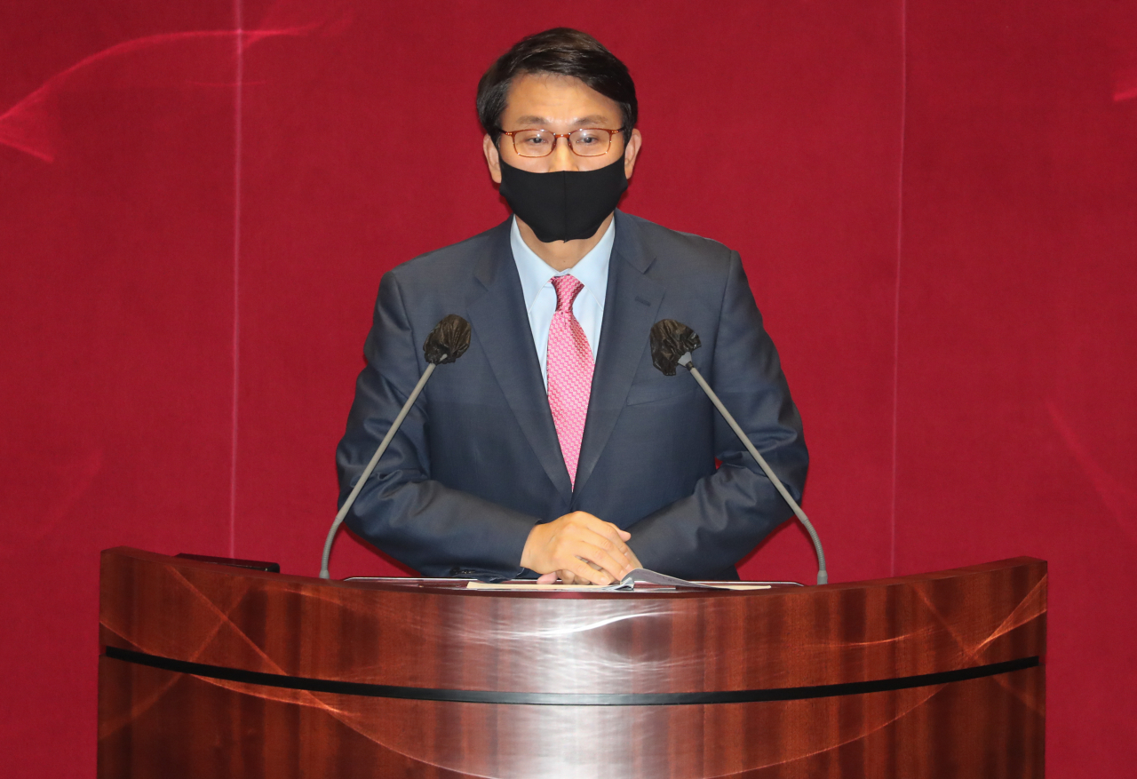 윤상현 국민의힘 의원이 25일 오후 국회에서 열린 정치·외교·통일·안보 분야 대정부질문에서 발언하고 있다. 이상섭 기자