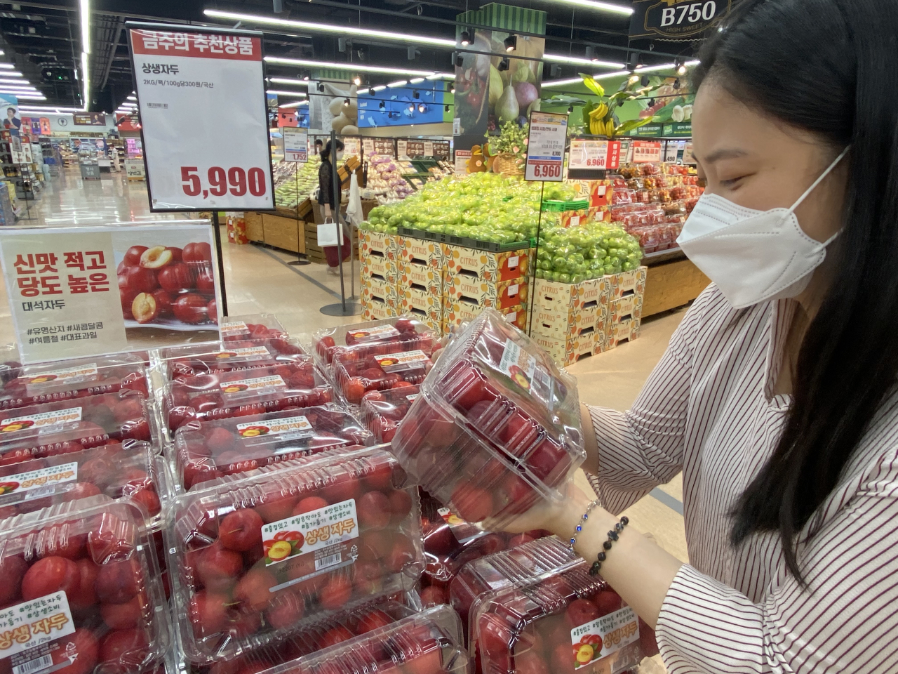 서울의 한 롯데마트 매장에서 고객이 상생 과일 시리즈를 살펴보고 있다. [롯데마트 제공]