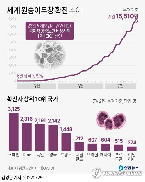 세계보건기구(WHO)가 지난 23일(현지시간) 원숭이 두창 감염 사태에 대해 국제적 공중보건 비상사태(PHEIC)를 선언했다. 연합뉴스