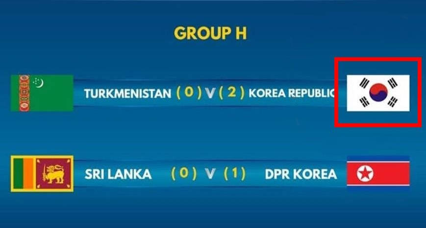 AFC(아시아축구연맹)의 '2022 카타르 월드컵' 아시아지역 예선 대진표. 4괘의 위치가 바뀐 가짜 태극기를 사용했다.[AFC]