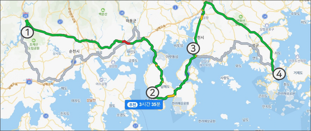 ①전남 순천 송광사 ② 남해 아난티 ③사천 삼천포 메가박스 ④통영 이순신 공원. [네이버 지도]