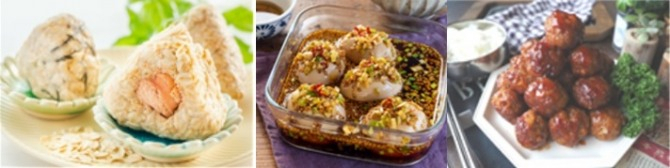 (왼쪽부터) 오트밀 주먹밥, 마약 계란, 양념치킨 소스 활용한 요리