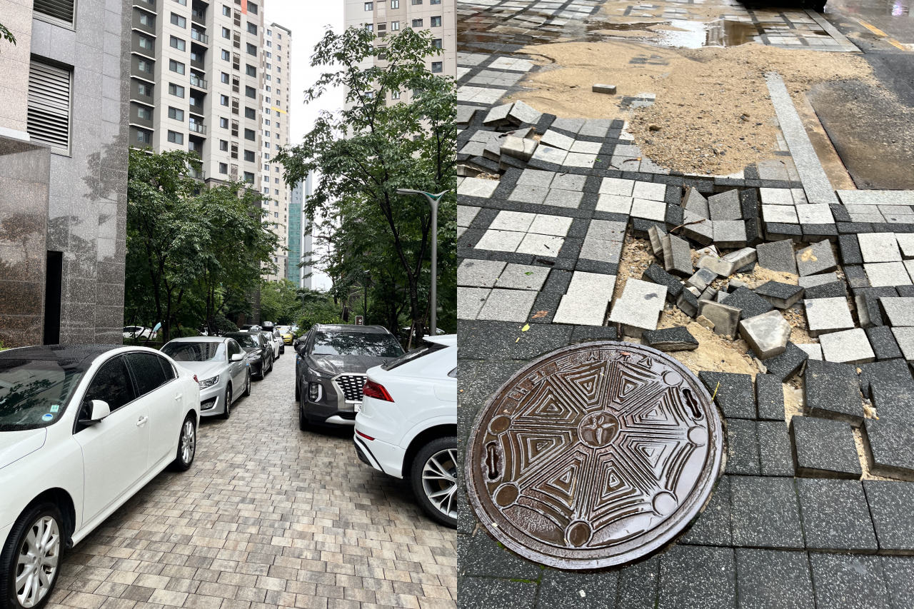 9일 오전 서울 서초동 강남역 골목길 일대. 전날 기록적인 폭우로 아파트 단지 지하에 있던 차량들이 지상에 주차돼 있다. 인도에 있던 보도 블록들이 빗물로 파헤쳐져 있다. [독자 제공]