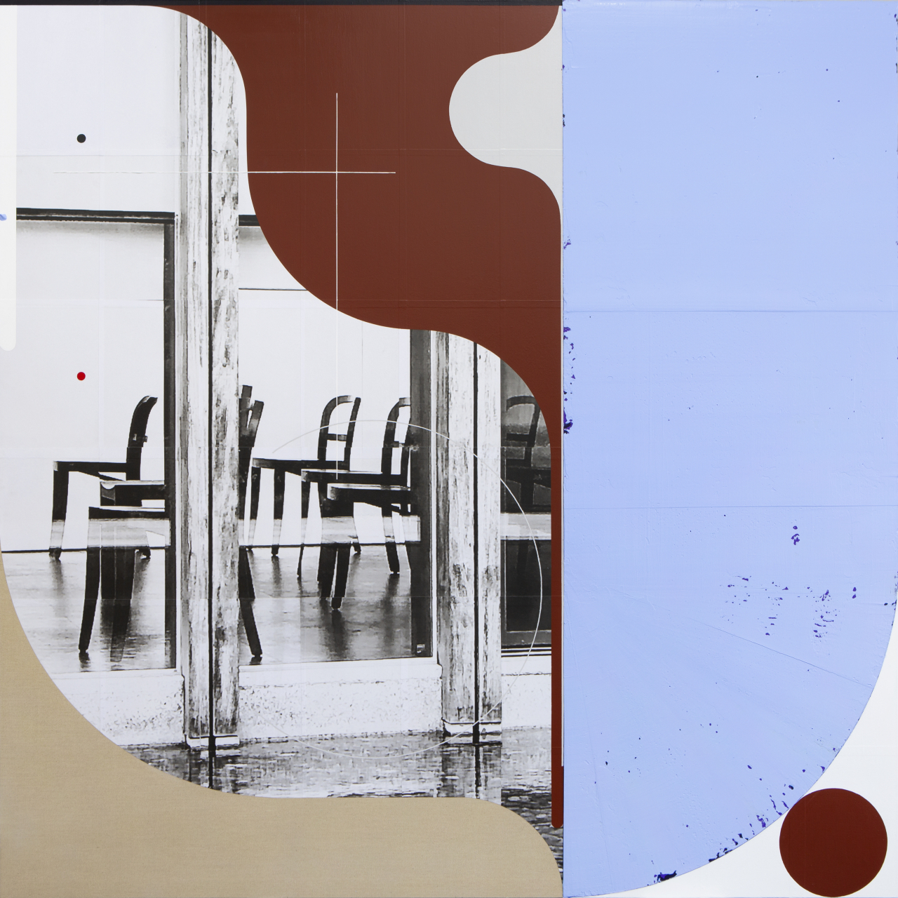 이희준 작가의 포토콜라주 작업인 ‘이미지 아키텍트(Image Architect)’ 중 ‘On Board a Ship’, 2022, Acrylic and photo-collage on canvas, 160 x 160 cm, Courtesy of the artist and Ku [국제갤러리 제공]