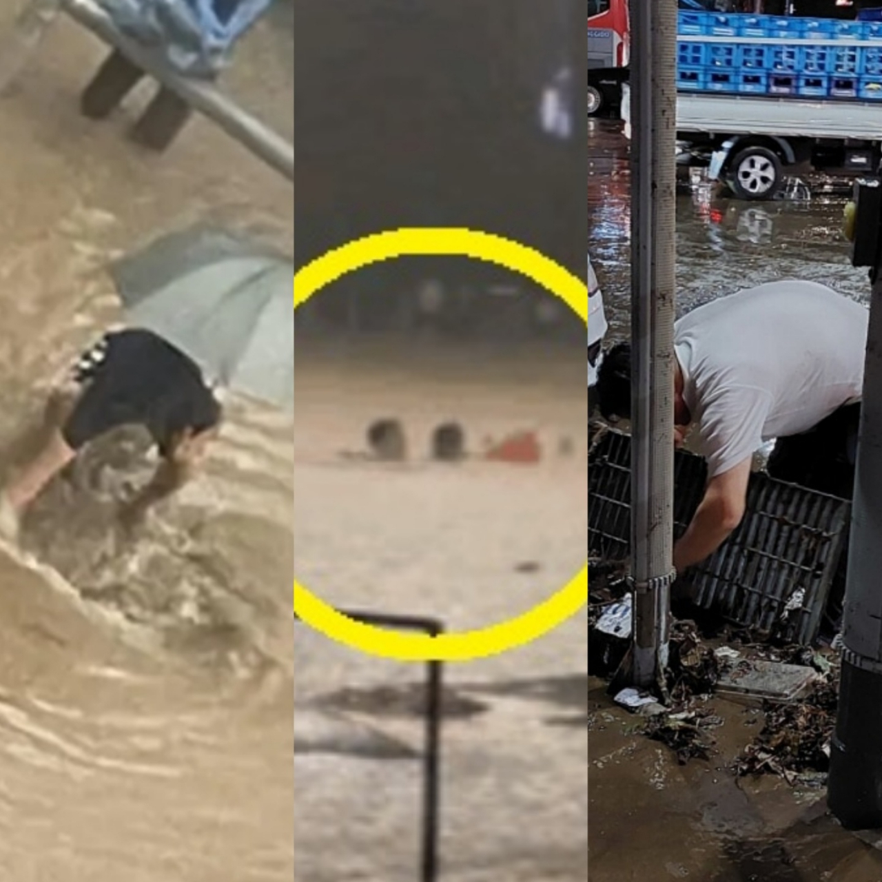 (왼쪽부터) 의정부의 한 도로에 있는 배수구 내 쓰레기를 치우는 시민·물에 잠긴 자동차에 있는 탑승객을 구하는 시민(JTBC)·강남역 배수관을 정리하는 시민 [온라인 커뮤니티]