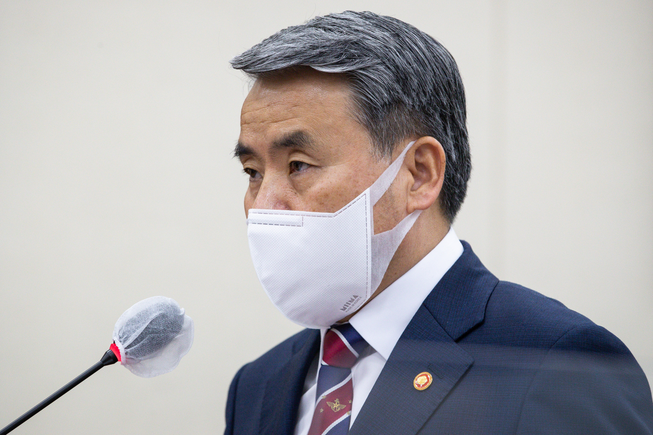 This photo, taken on Aug. 1, 2022, shows Defense Minister Lee Jong-sup speaking during a parliamentary session at the National Assembly in Seoul.(Yonhap)
