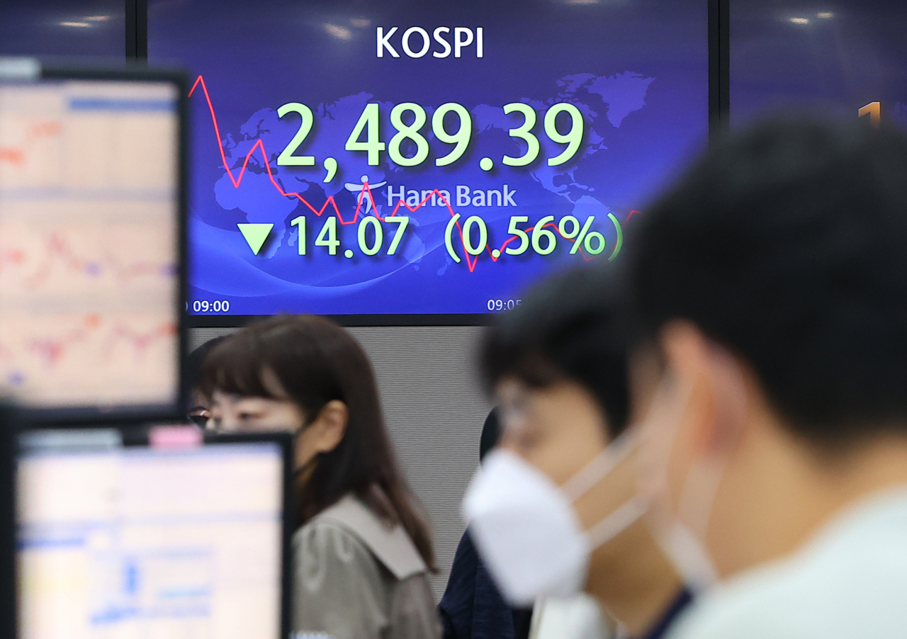 10일 오전 서울 중구 하나은행 딜링룸 스크린에 코스피가 띄워져 있다. 이날 코스피는 하락세로 출발하며 장중 2,490선 아래를 기록했다. [연합]