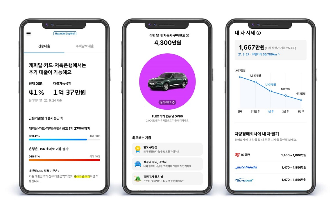 현대캐피탈 앱 업그레이드 주요 기능. 왼쪽부터 DSR 계산기, 자동차 구매한도, 중고차 멀티 시세 순.[현대캐피탈 제공]