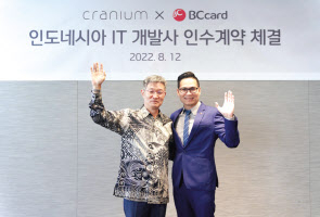 BC카드가 12일 오전 서울 을지로 본사에서 인도네시아 IT개발사 ‘크래니움’ 인수 계약을 체결했다. 계약식 직후 최원석(왼쪽) BC카드 사장과 윌리엄 킹 크래니움 사장이 기념 촬영을 하고 있다. [BC카드 제공]