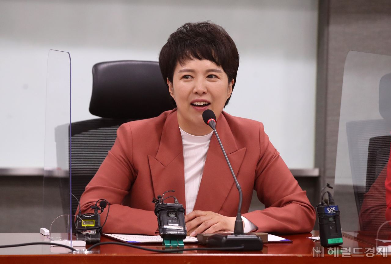 김은혜 국민의힘 경기도지사 후보였던 5월26일 오후 서울 여의도 국회 의원회관에서 열린 한국여성단체협의회와의 양성평등 발전을 위한 정책 협약식에서 인사말을 하고 있다. [사진=이상섭 기자]