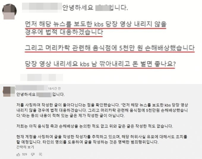 유튜버 A씨는 “식당에 5000만원 배상해줬다”는 글(위)이 올라오자, 사실무근이라고 주장하는 글(아래)을 올려 반박했다.