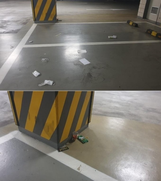 벤츠 차량이 떠난 뒤 주차장에 쓰레기가 널브러진 모습. [온라인 커뮤니티]