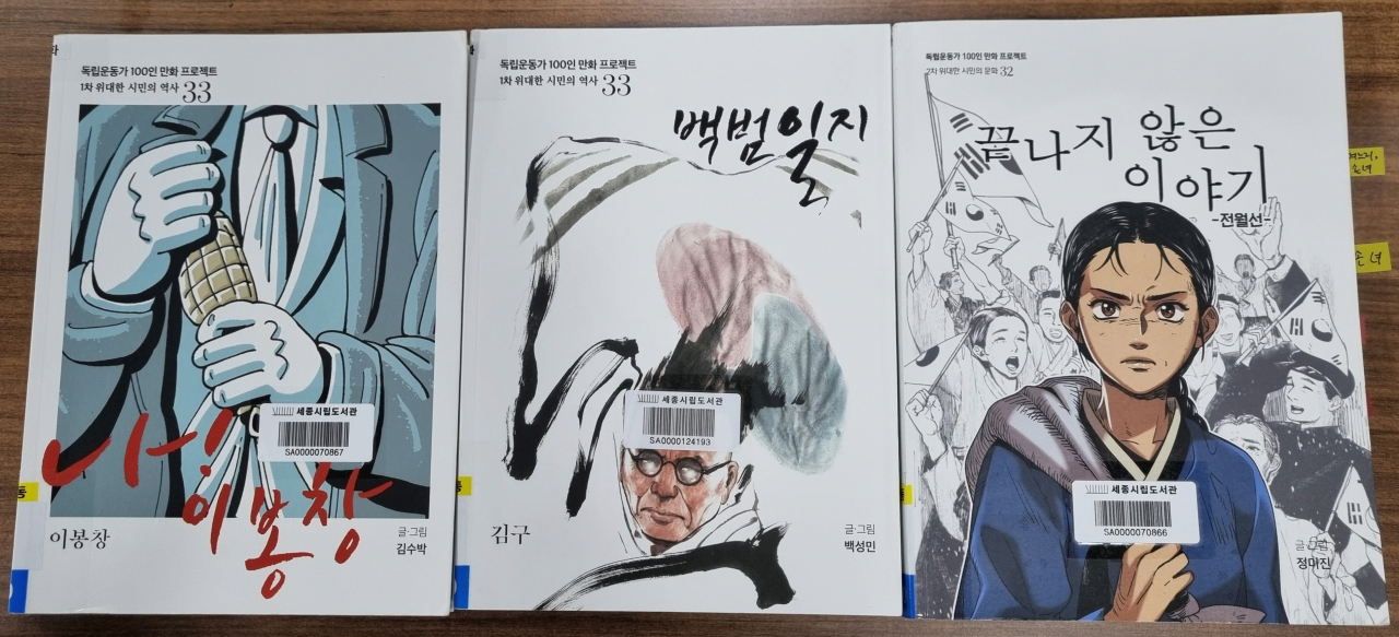 국가보훈처는 19일 김원웅 전 회장 시기 광복회 감사 결과 인쇄비 과다견적 등 비리 혐의를 적발했다며 수사기관에 고발했다. 왼쪽부터 ‘독립운동가 100인 만화출판사업’으로 발간한 이봉창 의사, 백범 김구, 그리고 김 전 회장의 모친 전월선 선생의 활동을 담은 출판물. 백범 김구는 290여 쪽인 반면 김 전 원장의 모친 전월선 선생은 430여 쪽에 달했다.