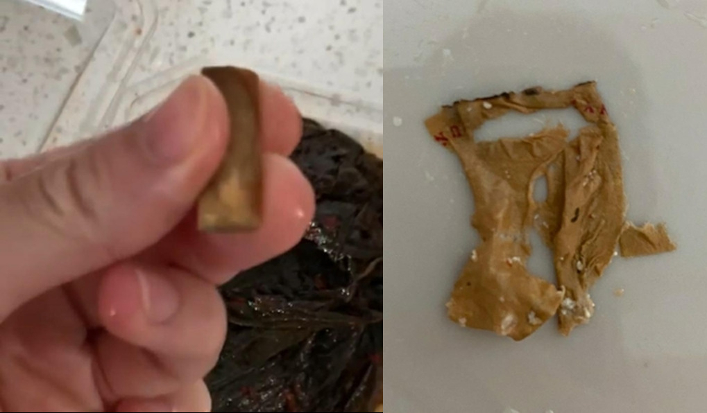 A씨가 깻잎을 먹다 뱉어냈다는 담배꽁초의 필터 부분(왼쪽). 같은 깻잎에서 나온 종이에는 빨간색으로 로마자 알파벳 'D N Y V' 등이 쓰여있다(오른쪽). [제보자 A씨 제공]