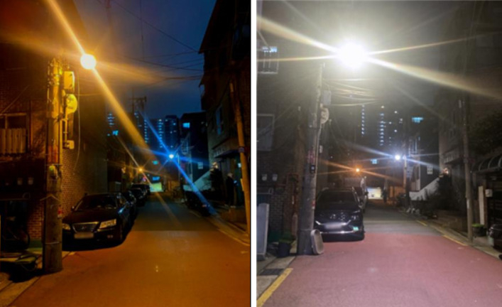 서울 중랑구 중화동 골목길의 오래된 보안등 교체 전 모습(왼쪽)과 교체후 모습. [중랑구 제공]