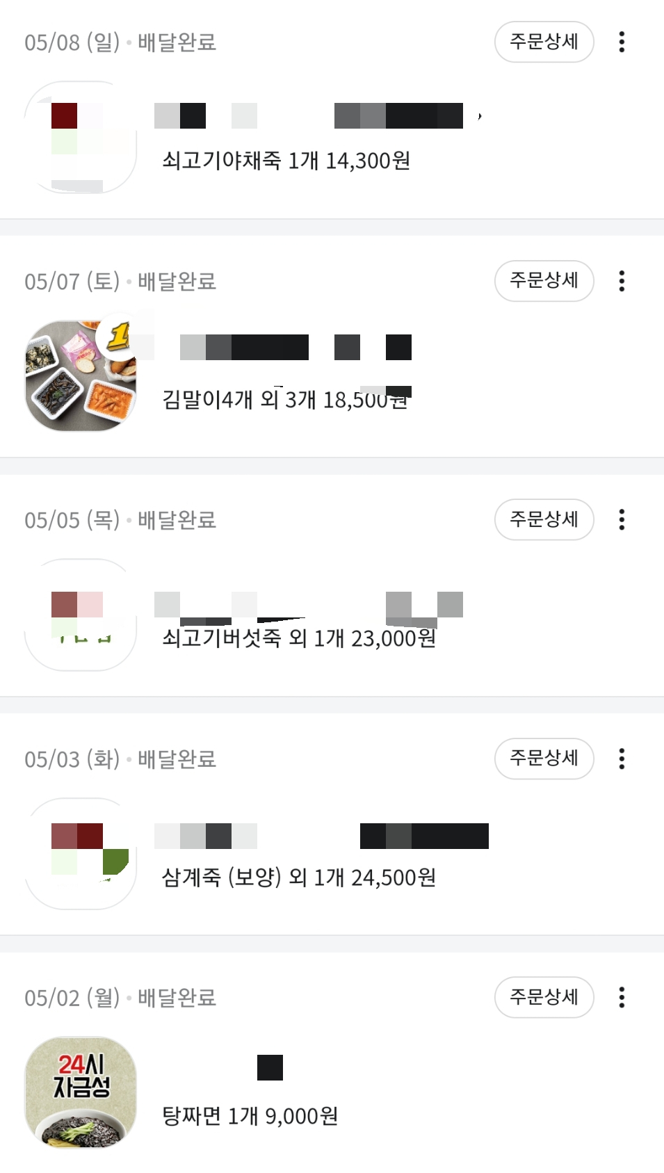 지난 5월 코로나19 재택치료를 경험한 ‘1인 가구’ 김다현 씨의 한 배달 애플리케이션 주문 내역. 김씨는 격리 기간 동안 식비로만 10만원을 썼다. [독자 제공]