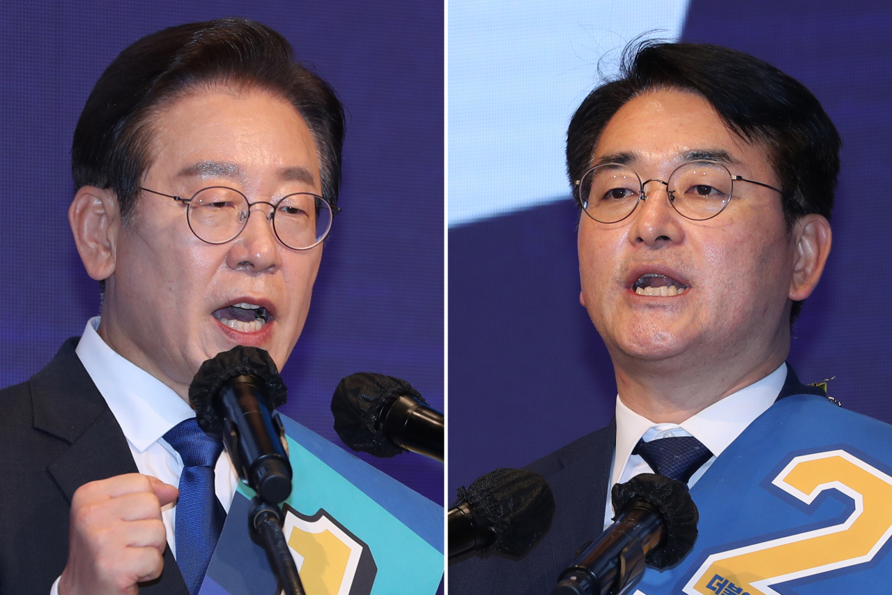 21일 오후 광주 김대중컨벤션센터에서 열린 더불어민주당 당 대표 및 최고위원 후보자 광주 합동연설회에서 이재명(왼쪽 사진)·박용진(오른쪽 사진) 당 대표 후보가 정견을 발표하고 있다. [연합]