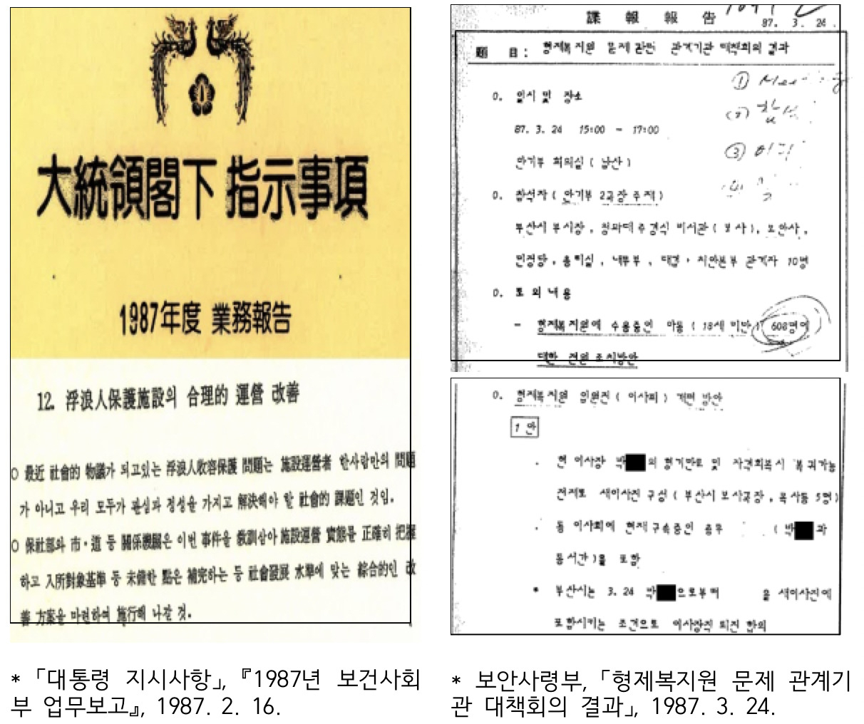 형제복지원 인권침해 사건이 알려진 이후 1987년 2월 전두환 당시 대통령이 부랑인 수용보호 문제는 시설운영자 한 사람의 문제가 아니라고 입장을 밝힌 보건사회부(현 보건복지부) 업무보고 자료(왼쪽)와 1987년 3월 형제복지원 문제 관계기관 대책회의 문건 자료. 당시 대책회의에서는 청와대 비서관, 내무부(현 행정안전부), 대검찰청, 치안본부(현 경찰청) 등 정부 주요인사가 참여해 형제복지원 관련 대책을 논의했다. [진실·화해를 위한 과거사정리 위원회 제공]
