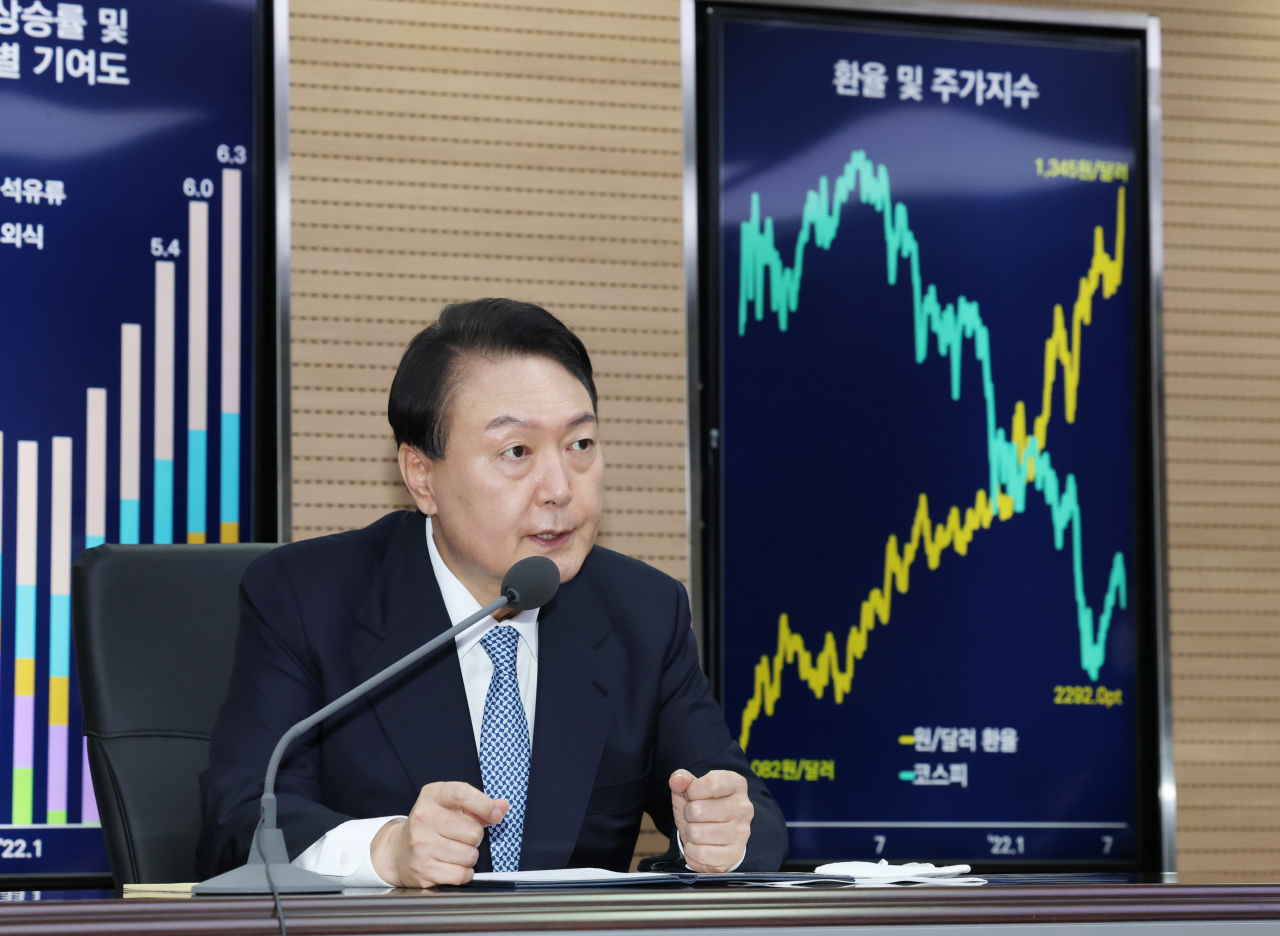 윤석열 대통령이 24일 오전 서울 서초구 aT센터 농산물수급종합상황실에서 거시금융상황 점검회의를 주재하고 있다. [연합]