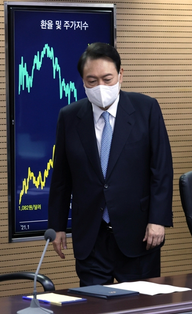 24일 오전 서초구 aT센터에서 열린 거시금융상황 점검회의에 참석한 윤석열 대통령. [연합]