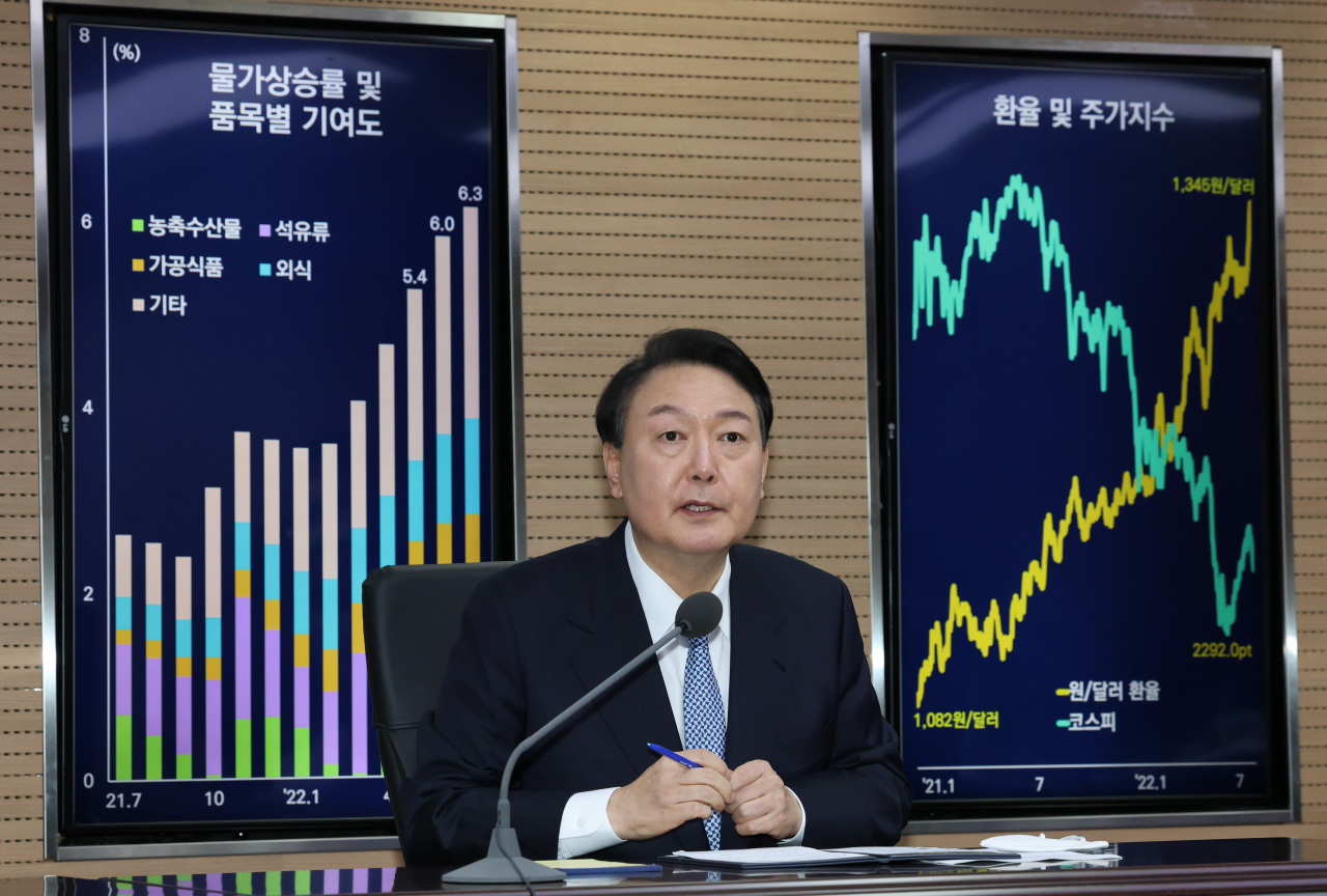 윤석열 대통령이 24일 오전 서울 서초구 aT센터 농산물수급종합상황실에서 거시금융상황 점검회의를 주재하고 있다. [연합]