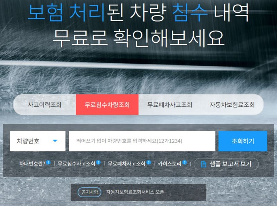 [사진=보험개발원 '카히스토리' 침수차량 조회 화면]