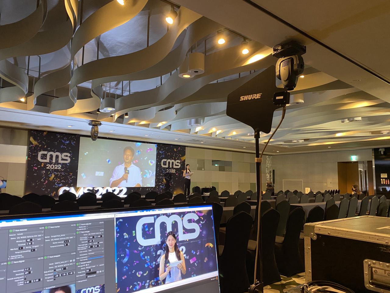 펄스나인의 가상인간 '제인'이 CMS 2022 생중계 MC를 맡았다. 화면 위로 제인의 얼굴이 실시간 합성되고 있다. [펄스나인 제공]