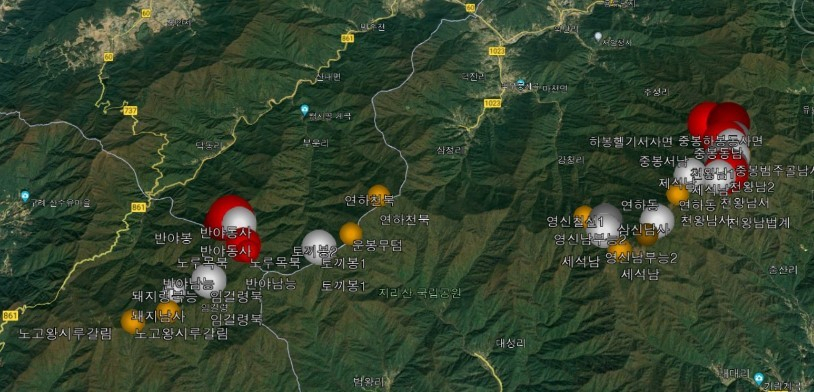 지리산 일대서 고사된 구상나무들 현황 지도. [녹색연합 제공]