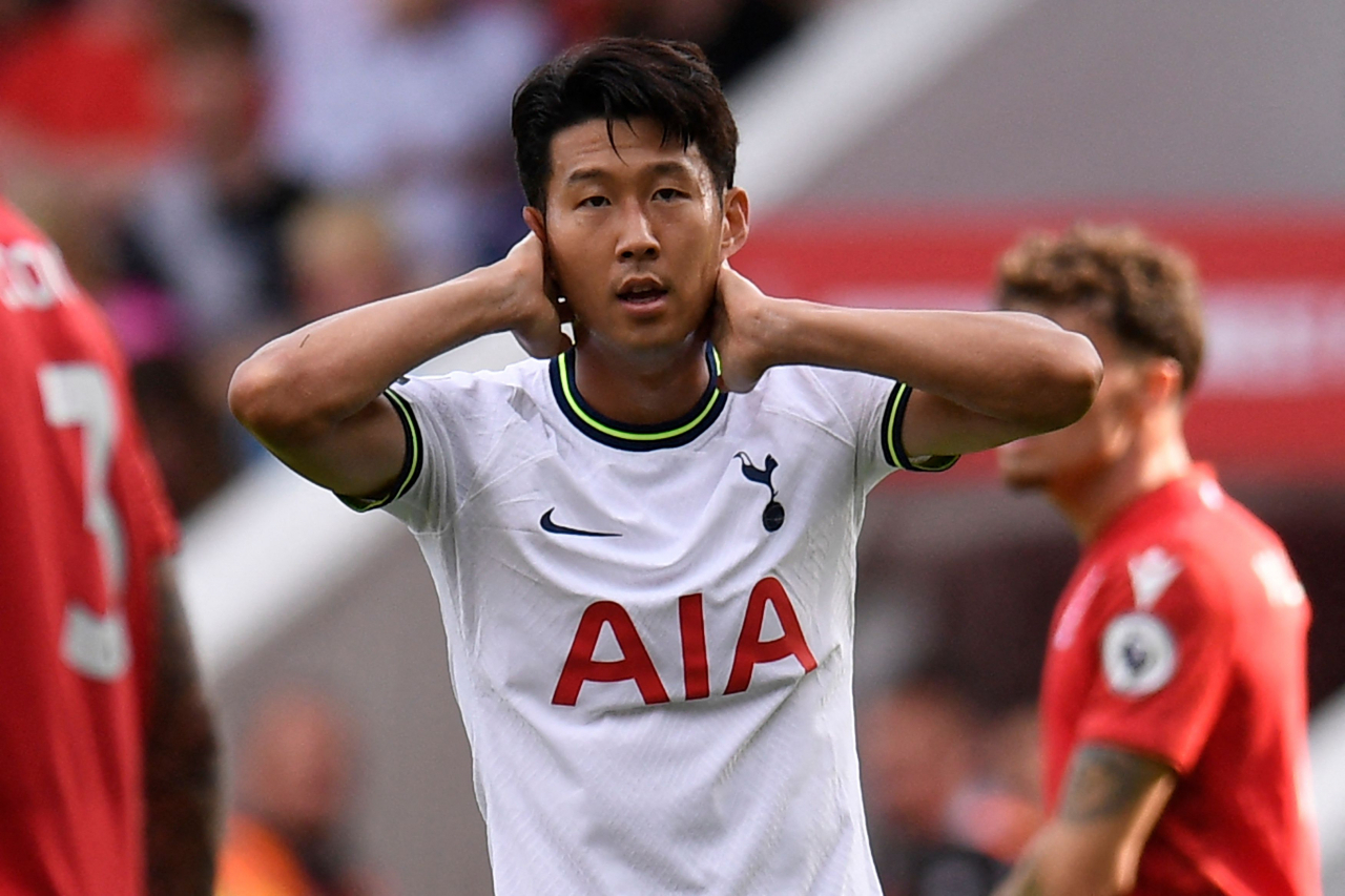 In this AFP photo, Son Heung-min of Tottenham Hotspur reacts to a missed opportunity against Nottingham Forest FC during the clubs' Premier League match at The City Ground in Nottingham, England, on Sunday. (AFP)