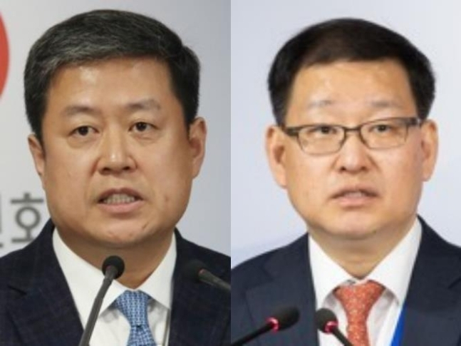 금융위원회는 29일 김정각 금융정보분석원(FIU) 원장(사진 왼쪽)을 증권선물위원회 상임위원으로, 박정훈 금융위 상임위원을 FIU 원장으로 각각 임명했다고 밝혔다. [연합]