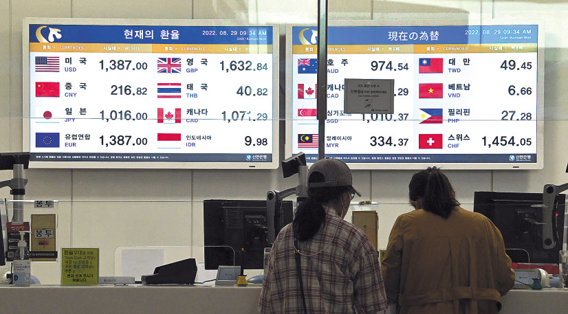 제롬 파월 연방준비제도 의장의 매파(통화 긴축 선호)적 발언의 여파로 달러 강세가 지속되면서 고환율이 당분간 계속될 것이라는 전망이 우세한 가운데, 우리 경제의 불안요소로 자리잡고 있다. 29일 인천 중구 인천국제공항 제2여객터미널 환전소에서 해외로 떠나는 출국자들이 환전을 하고 있다. 영종도=임세준 기자