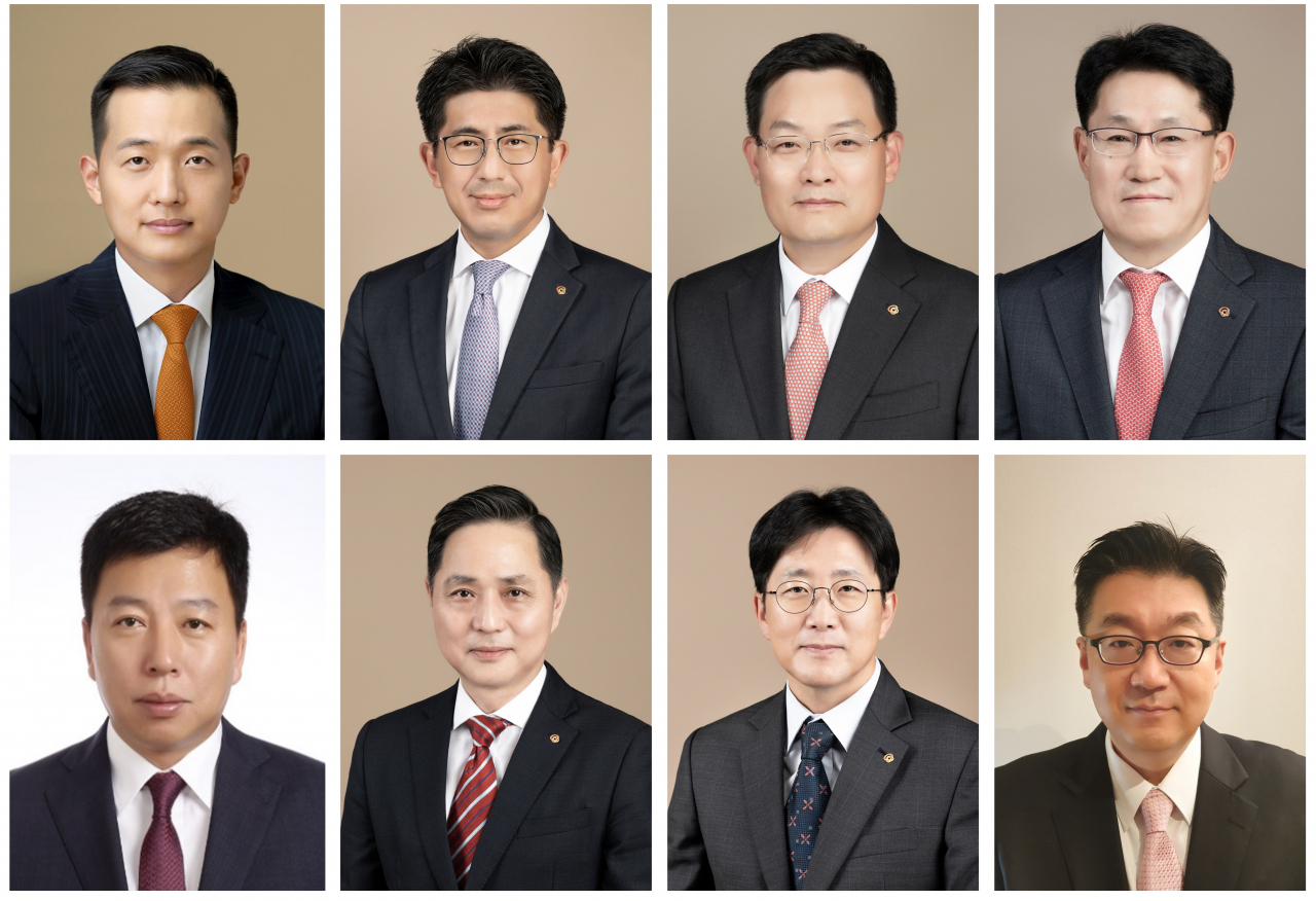 왼쪽 상단부터 시계방향으로 신임 김동관 한화 부회장, 김승모 한화건설 대표, 손재일 한화에어로스페이스 대표, 류두형 ㈜한화 모멘텀 및 한화정밀기계 대표, 정상철 한화솔루션 Q에너지 대표, 양기원 ㈜한화 글로벌부문 대표, 손영창 한화H2Energy 대표, 김인환 한화솔루션 첨단소재부문 대표.[한화그룹 제공]