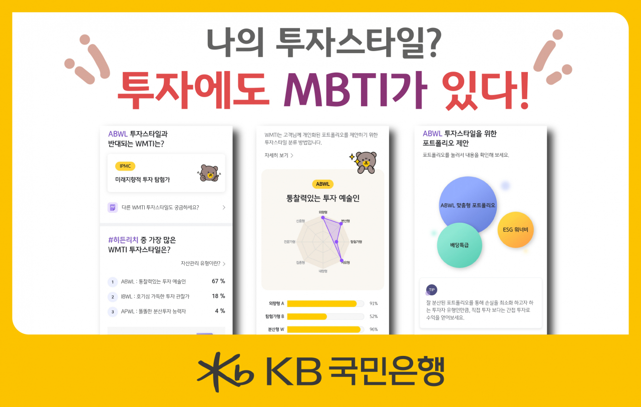 KB국민은행은 자체 개발한 투자자 유형 분류 방식 WMTI 서비스를 오픈한다고 29일 밝혔다.[KB국민은행 제공]