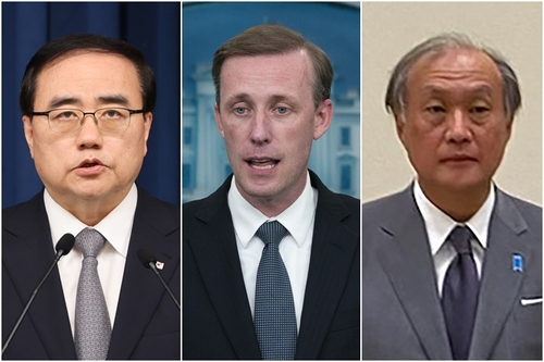 김성한 대통령실 국가안보실장, 제이크 설리번 미국 국가안보보좌관, 아키바 다케오 일본 국가안전보장국장. [연합]