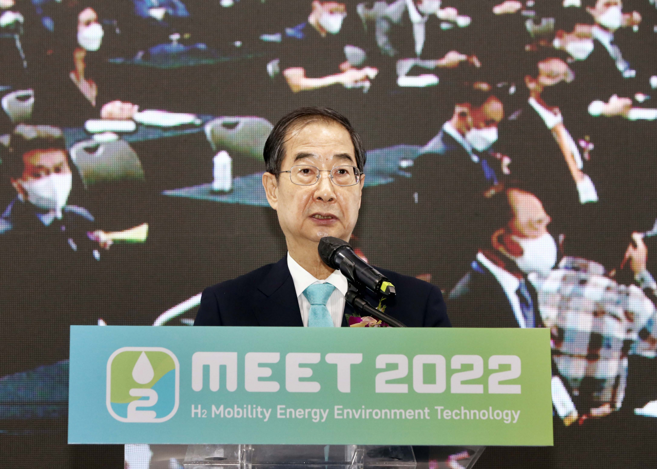 31일 경기도 고양시 킨텍스에서 열린 'H2 MEET 2022' 개막식에서 한덕수 국무총리가 축사를 하고 있다. [H2MEET조직위원회 제공]