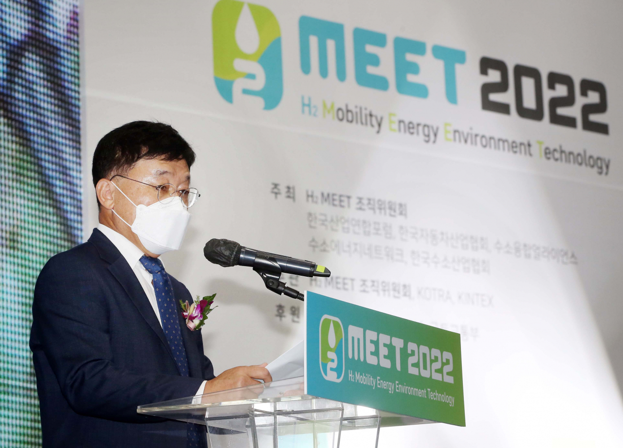 31일 경기도 고양시 킨텍스에서 열린 'H2 MEET 2022' 개막식에서 정만기 H2 MEET 조직위원장이 개회사를 하고 있다. [H2MEET조직위원회 제공]