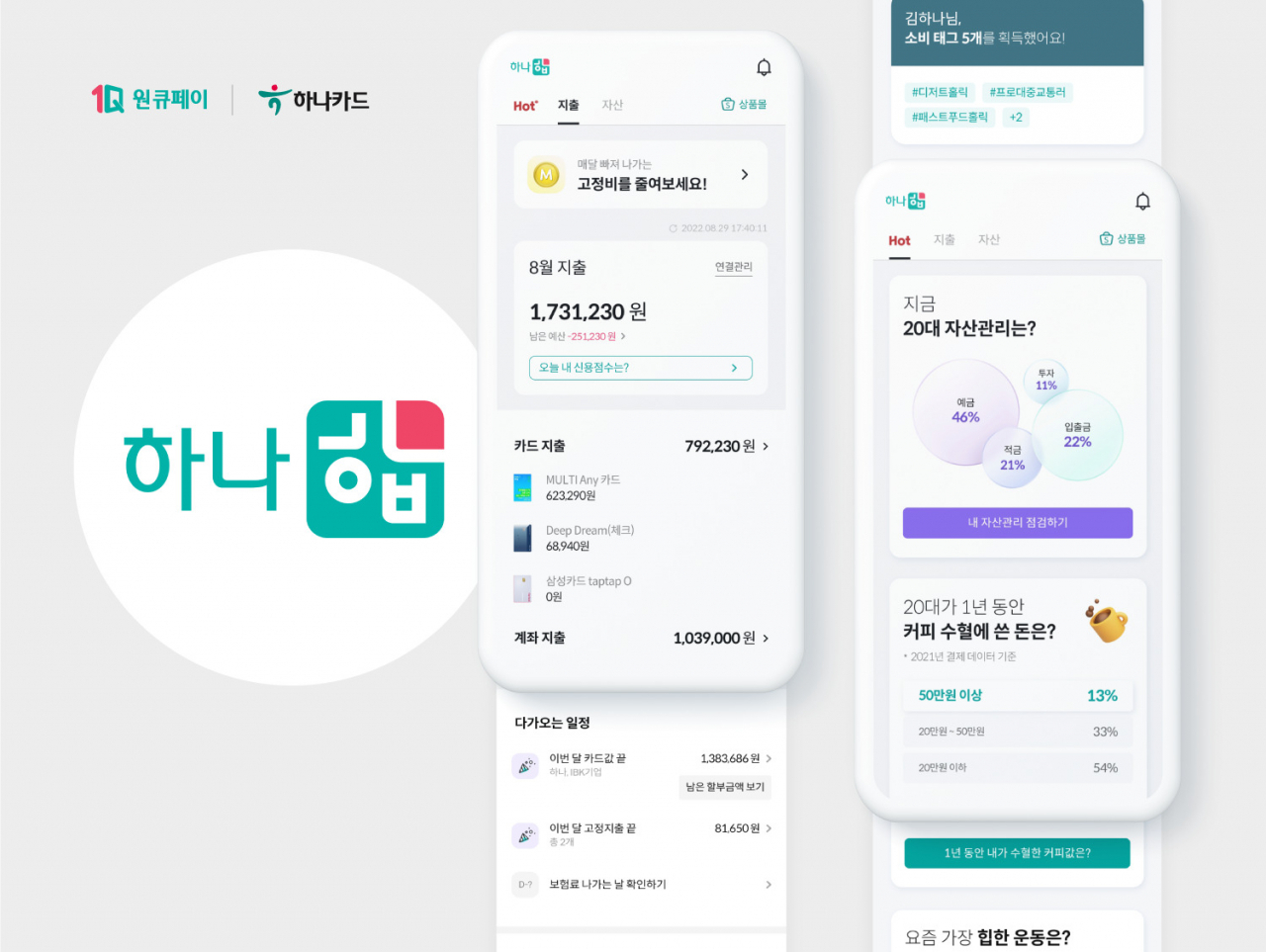 하나카드 ‘원큐페이’ 앱이 지출·자산·Hot·상품몰 영역으로 나눠 합리적인 생활 금융 활동을 지원한다.[하나카드 제공]