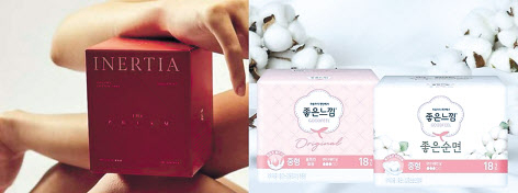 최근 ‘이너시아 더 프리즘’(왼쪽부터)과 ‘좋은느낌’ 신제품 등 흡수체 구조를 개선한 생리대가 잇달아 출시되면서 프리미엄 생리대 시장 진입이 빨라지고 있다. [각사 제공]