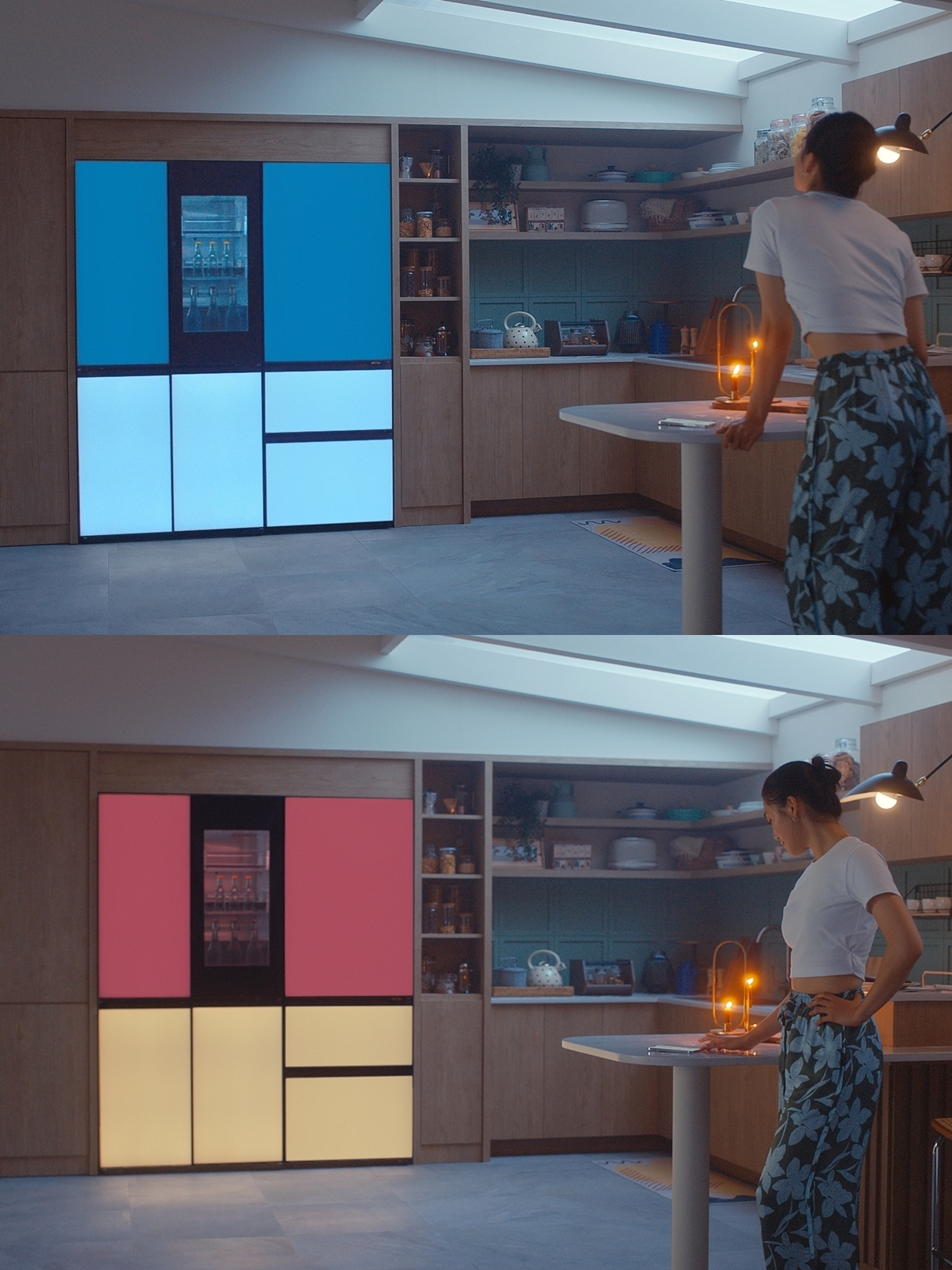 LG전자의 신제품 ‘LG 디오스 오브제컬렉션 무드업’을 LG 씽큐(LG ThinQ) 앱을 활용해 색상을 변경하고 있다. [LG전자 제공]