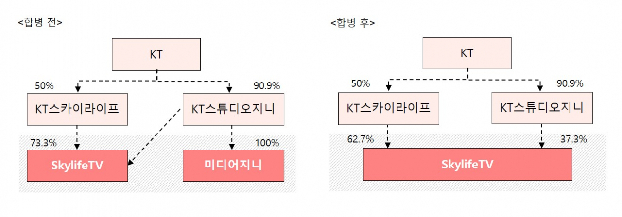 스카이라이프TV와 미디어지니는 1일 의사회를 열어 합병을 의결했다고 밝혔다. 합병 전후 지배구조 변화. [KT 제공]
