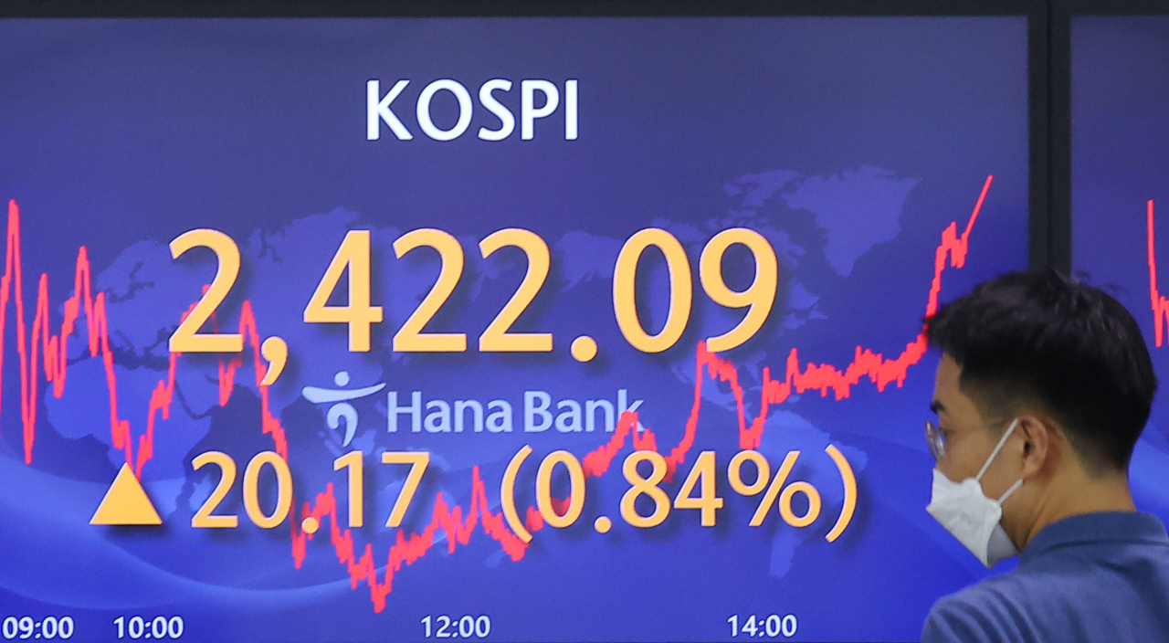 An electronic board showing the Korea Composite Stock Price Index (Kospi) at a dealing room of the Hana Bank headquarters in Seoul on Friday. (Yonhap)
