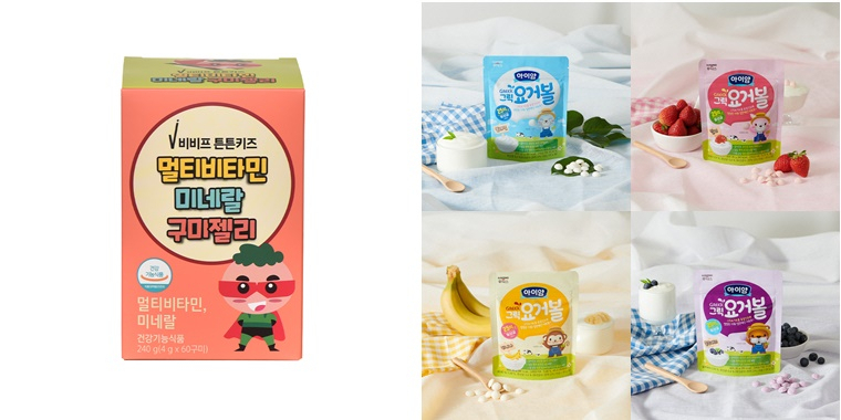 일화 비비프의 ‘튼튼키즈 멀티비타민 미네랄 구미젤리’(왼쪽), 일동후디스의 ‘아이얌 그릭요거볼’ (오른쪽)