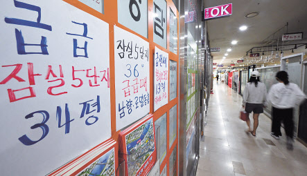 서울 송파구 잠실동의 한 아파트상가 공인중개소 앞에 급매물 관련 안내문이 부착되어 있다. 임세준 기자