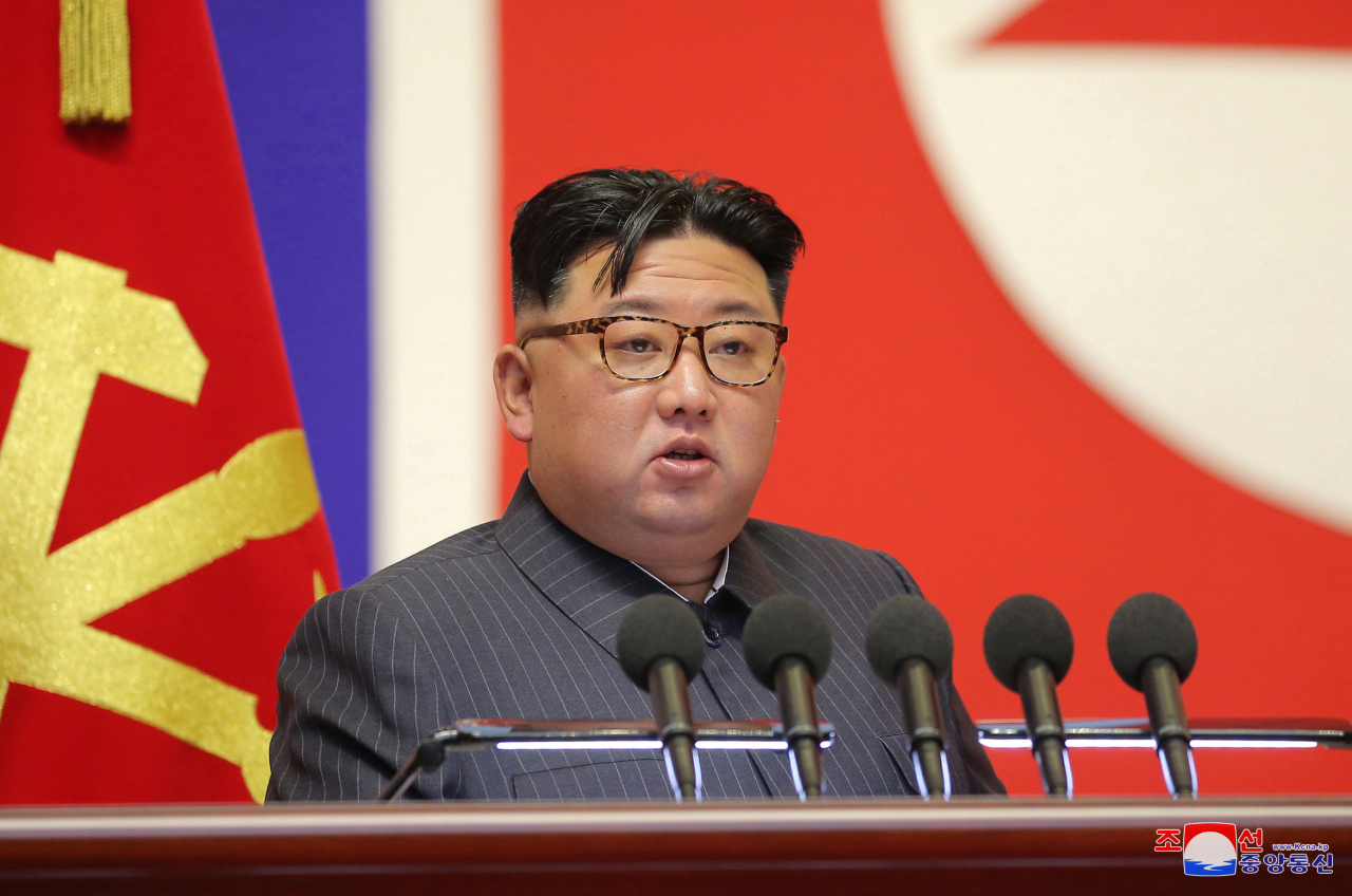 This photo, released by the North's official Korean Central News Agency on Tuesday, shows North Korean leader Kim Jong-un making a speech during a meeting on disaster prevention work held in Pyongyang from Sept. 4-5. (KCNA)
