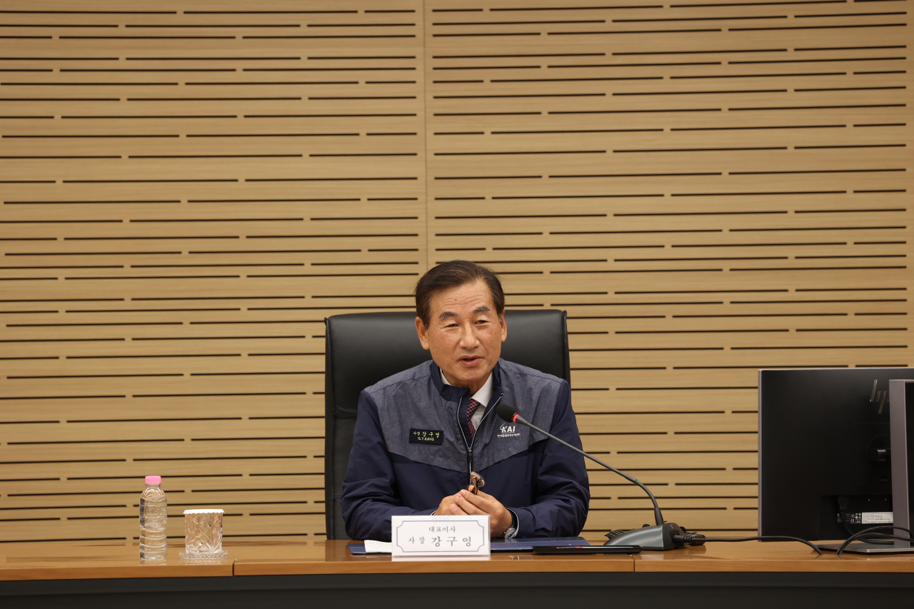 강구영 신임 한국항공우주산업㈜(KAI)사장이 임직원과의 상견례 자리에서 발언을 하고 있다. [KAI 제공]