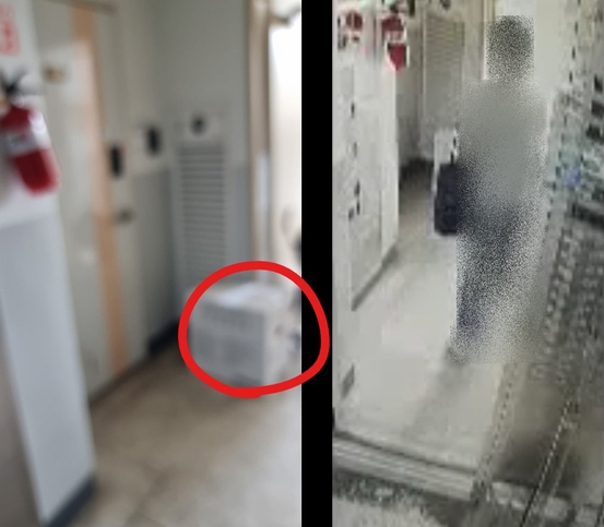 택배기사가 배송완료 후 찍은 사진(왼쪽)과 엘리베이터를 타고 택배 상자가 놓인 집 앞에 내린 고객이 택배 상자를 발로 집안에 밀어 넣는 장면. [연합]